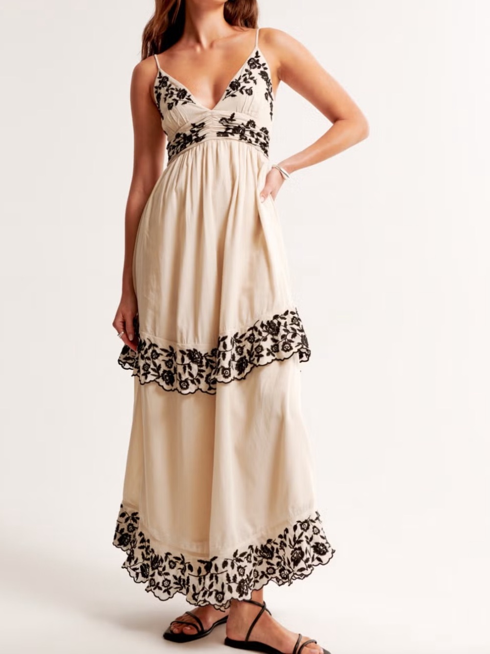 Cream Maxi Dress with Black Floral Trim